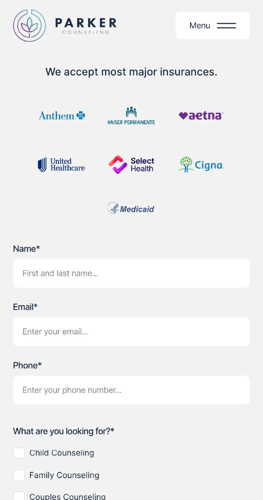 Schedule an appointment form on Parker Counseling's website