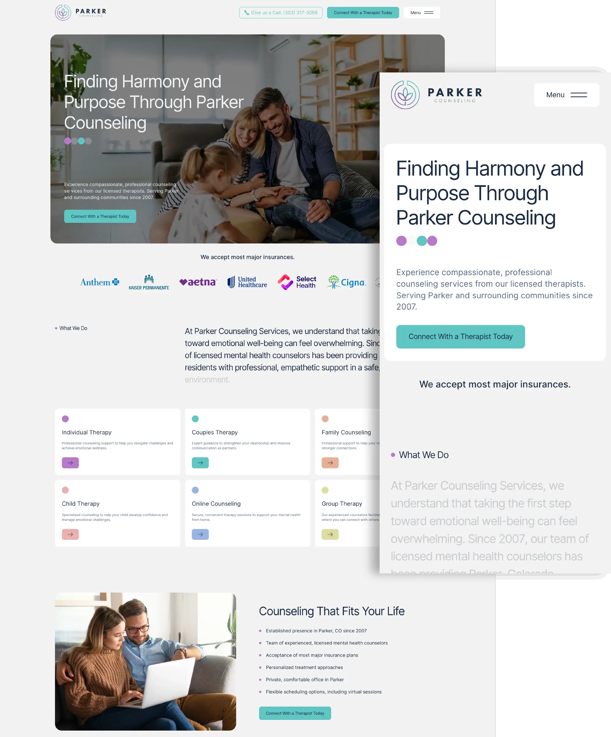 Desktop and mobile screenshot of Parker Counseling's homepage