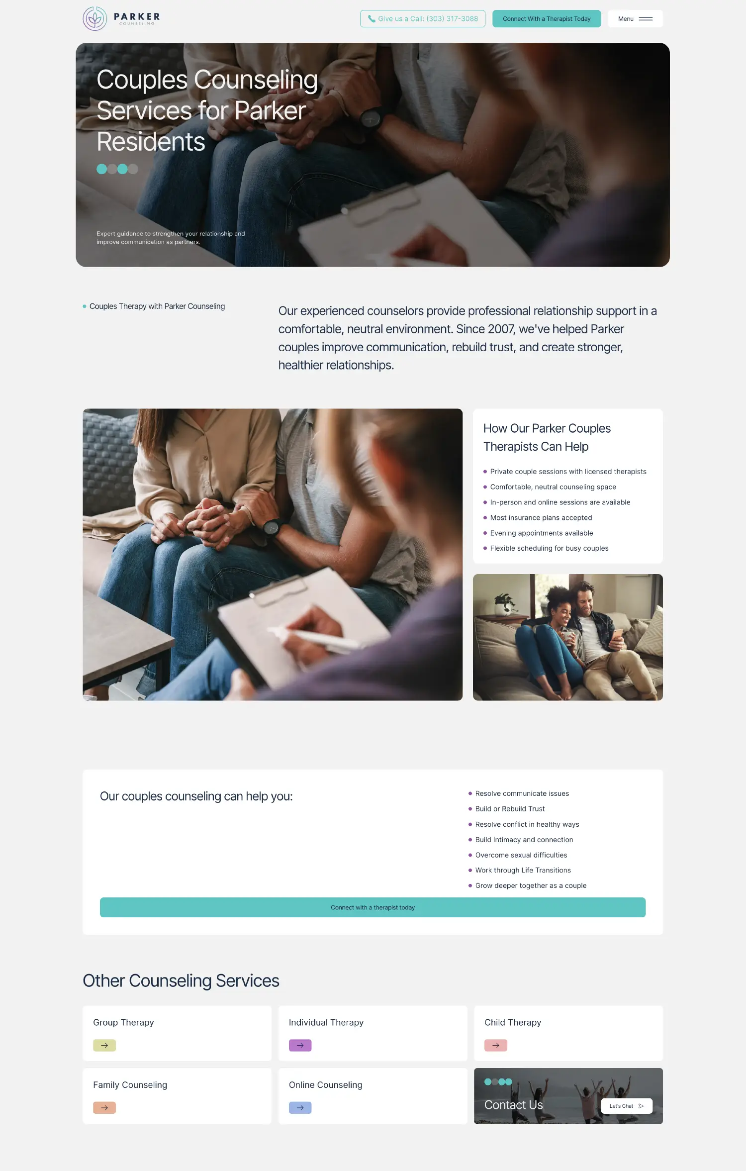 Service template page screenshot on Parker Counseling's website