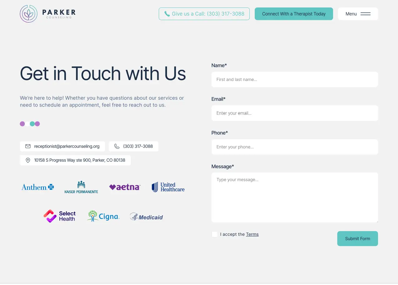 Contact page and form on Parker Counseling's website