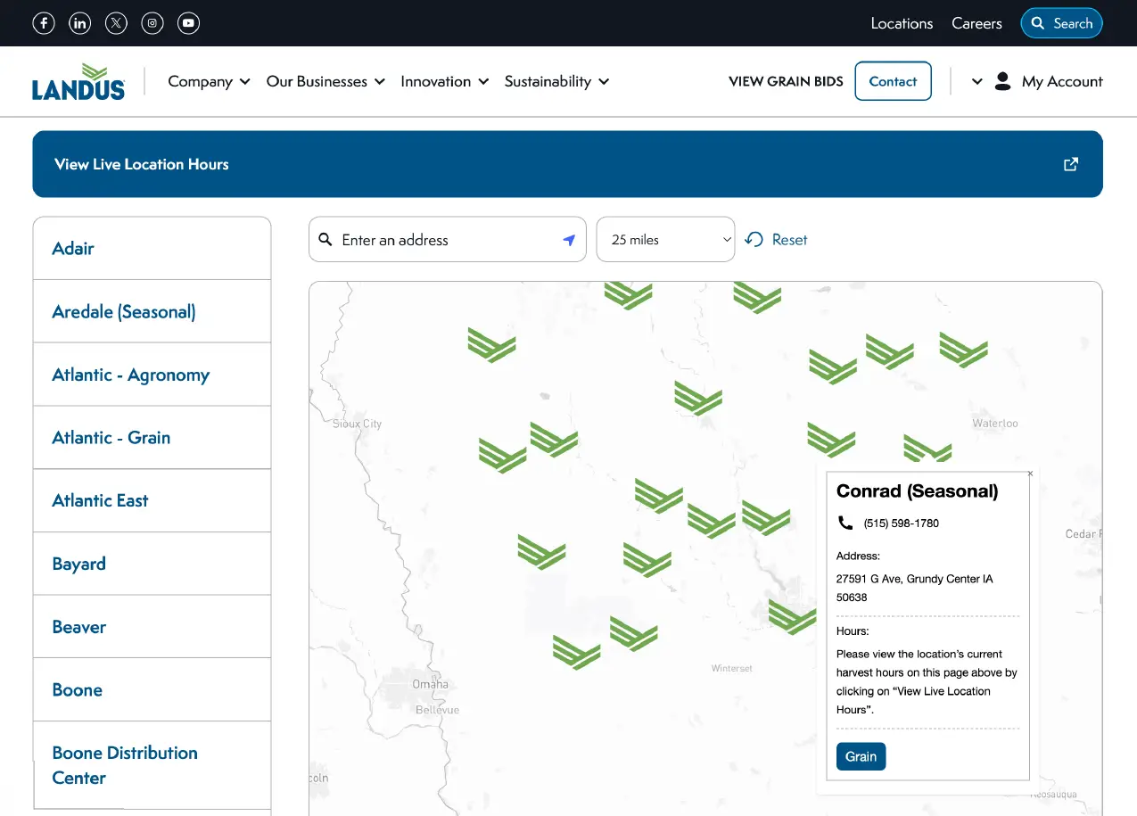 Location search and map functionality on Landus website