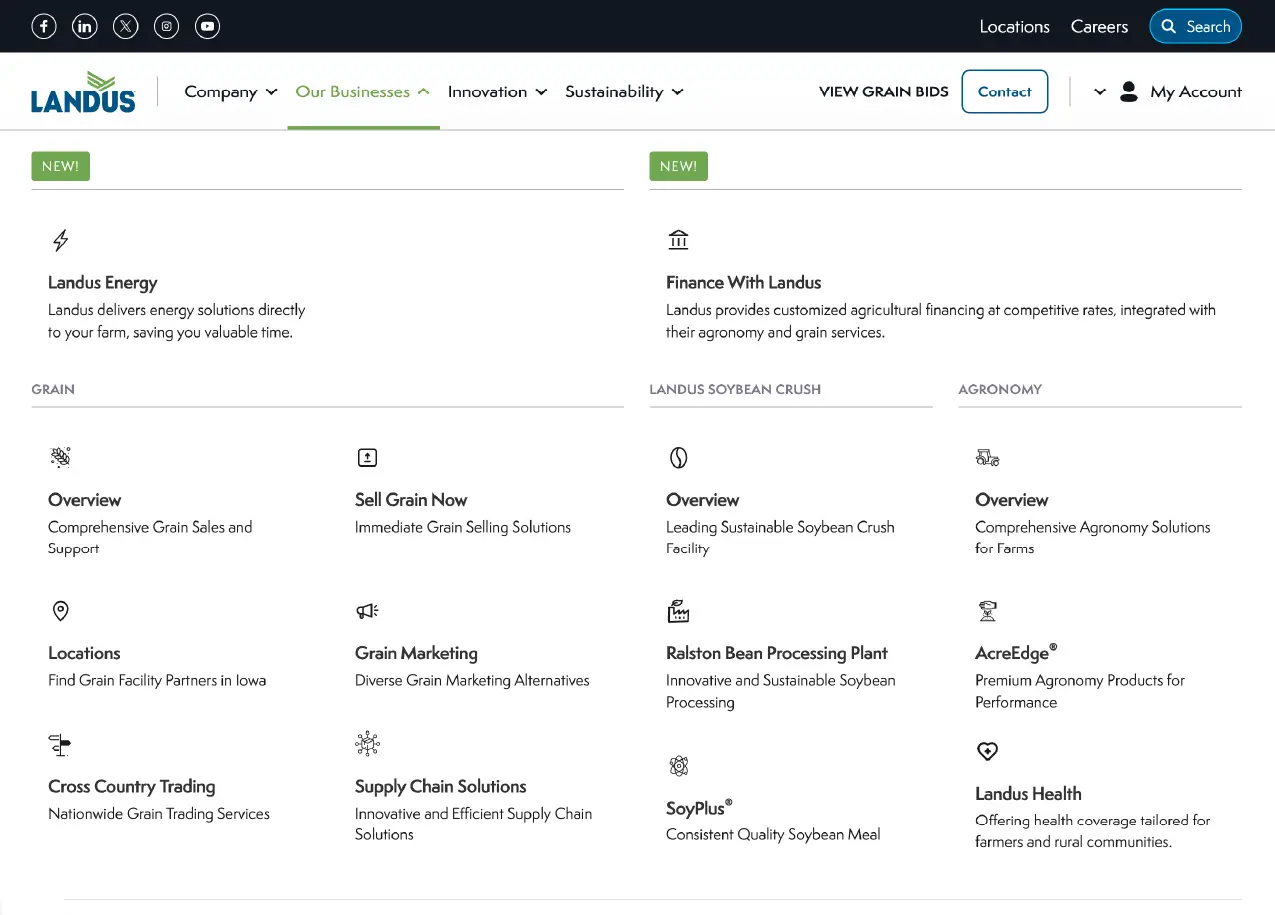 Landus mega-navigation on website