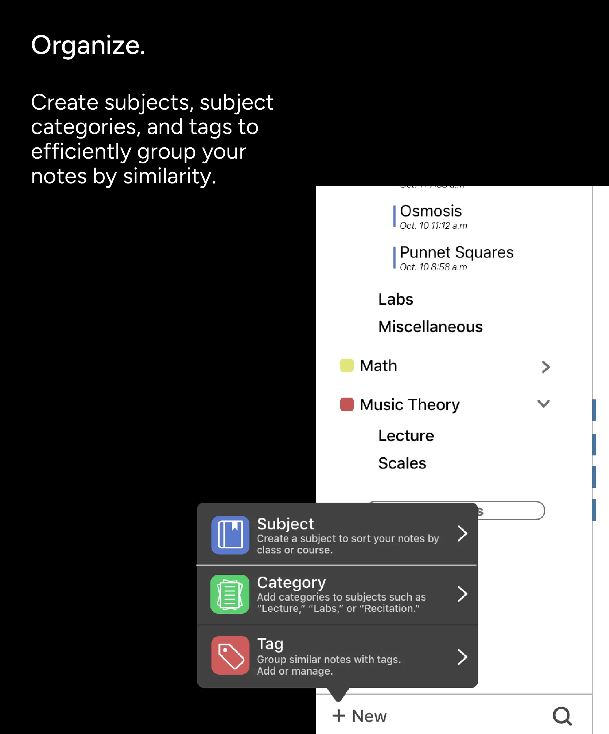 Example menu element in Notelife