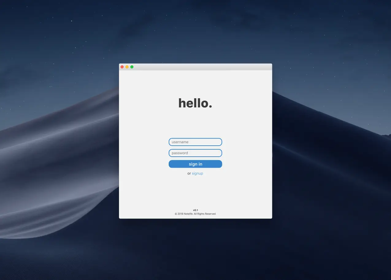 Notelife login screen