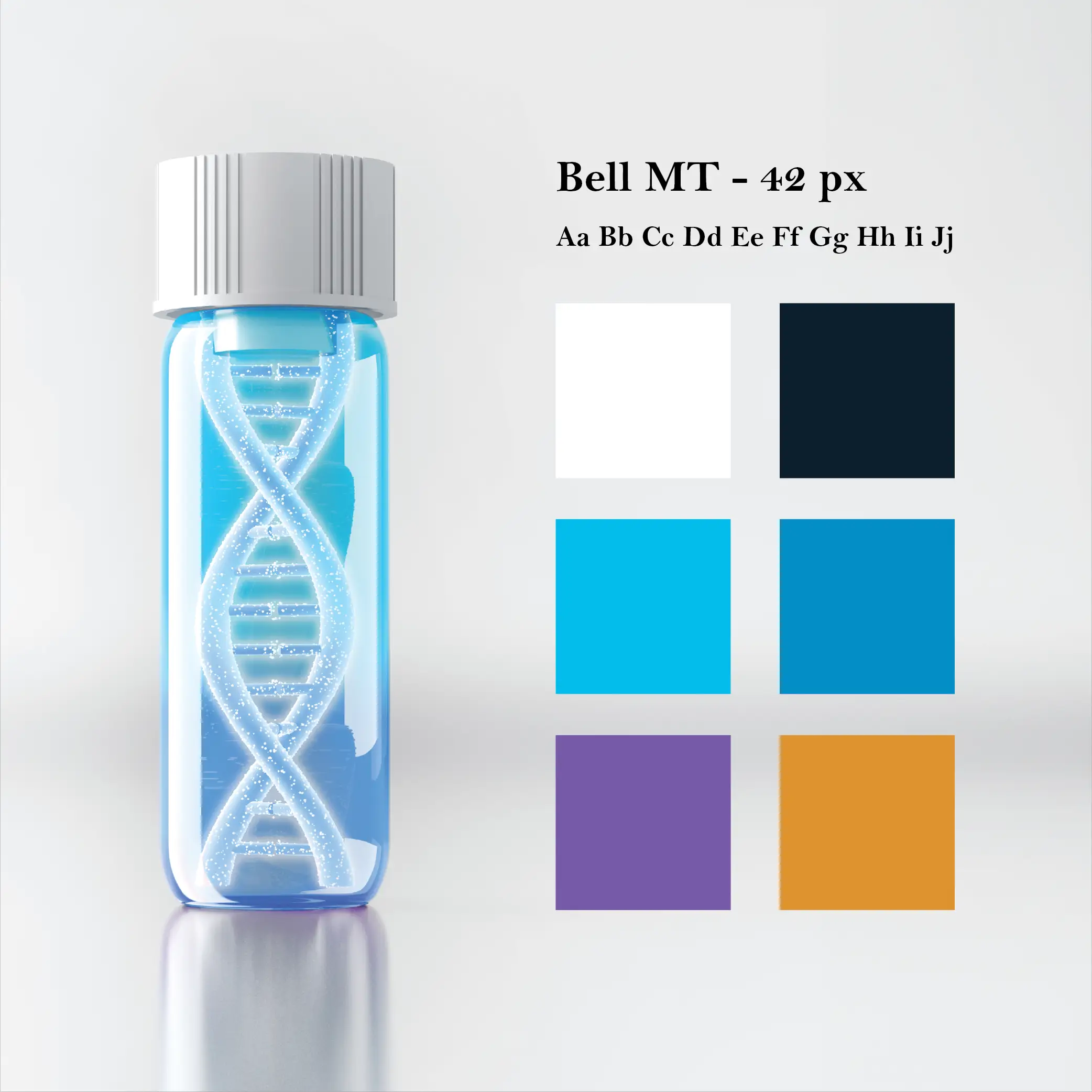 design system including colors, font and mockup of the vial