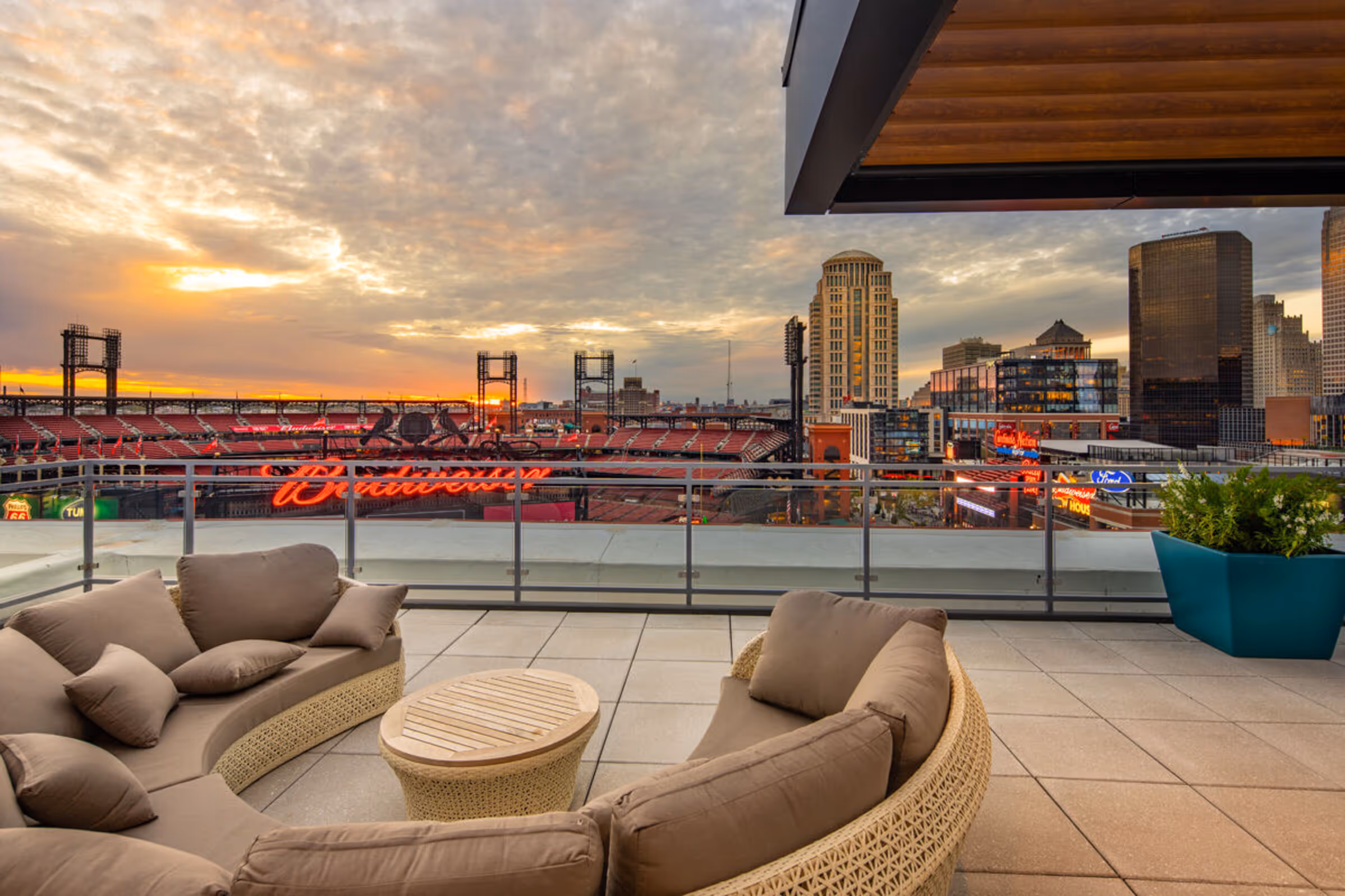 rooftop overlooking baseball stadium