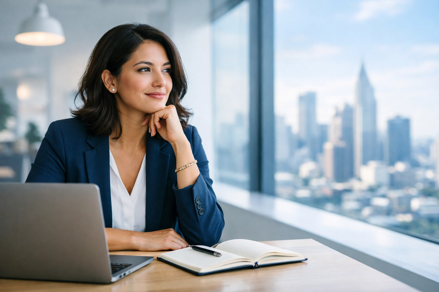 A marketing strategist in a minimalist workspace planning a big-picture business growth strategy.