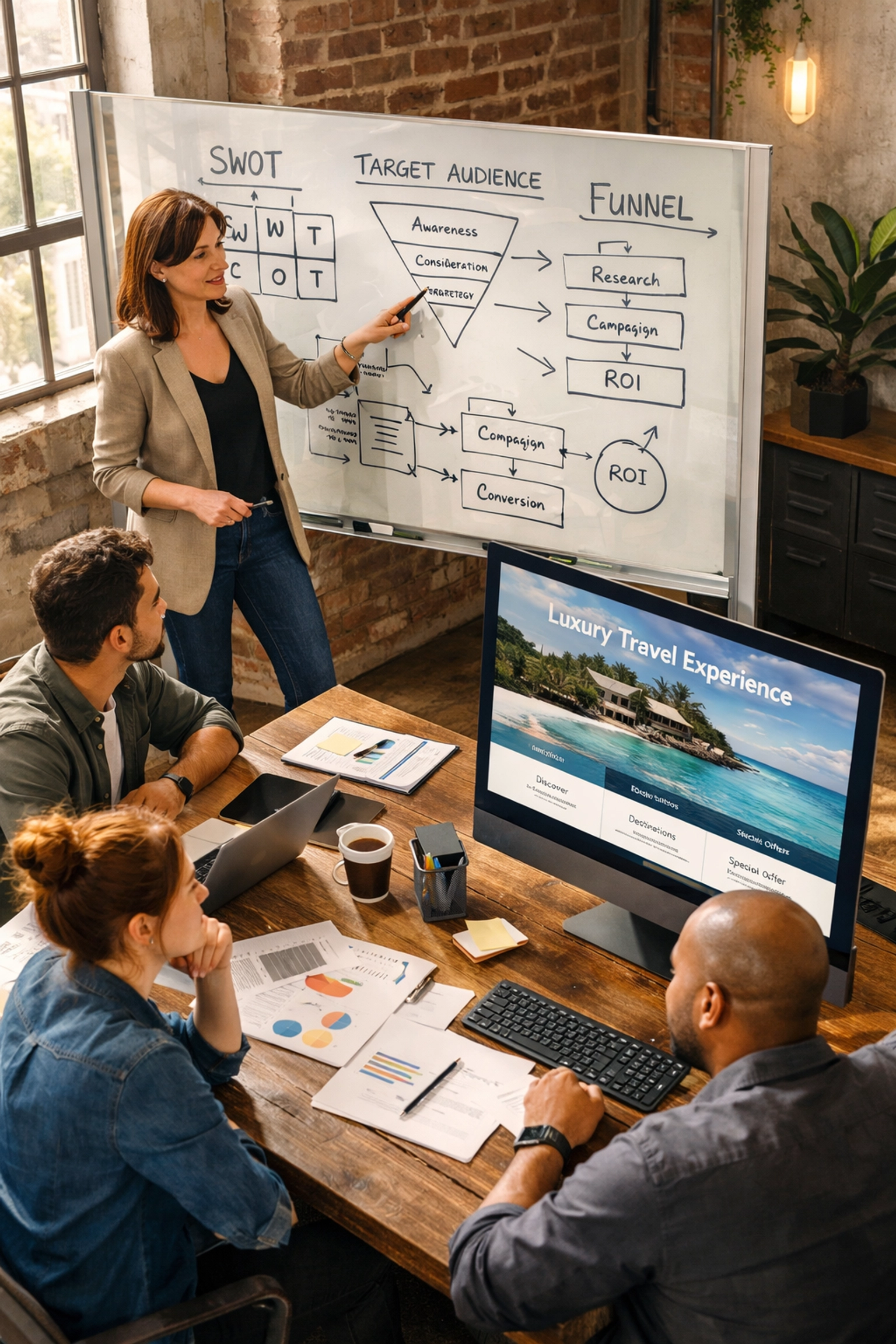 An outsourced marketing team collaborating on strategic frameworks and website execution in a modern office.