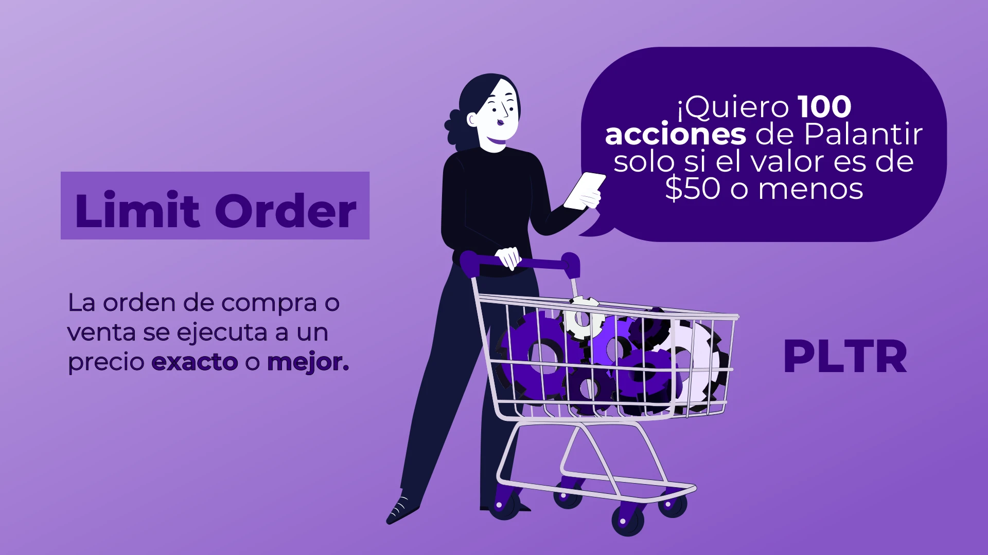 Infografía con Imagen de una trader con carrito que contiene acciones de Palantir, indicando que solo desea comprarlas si bajan a $50. Representación visual de una orden limitada de compra (limit order) en trading.