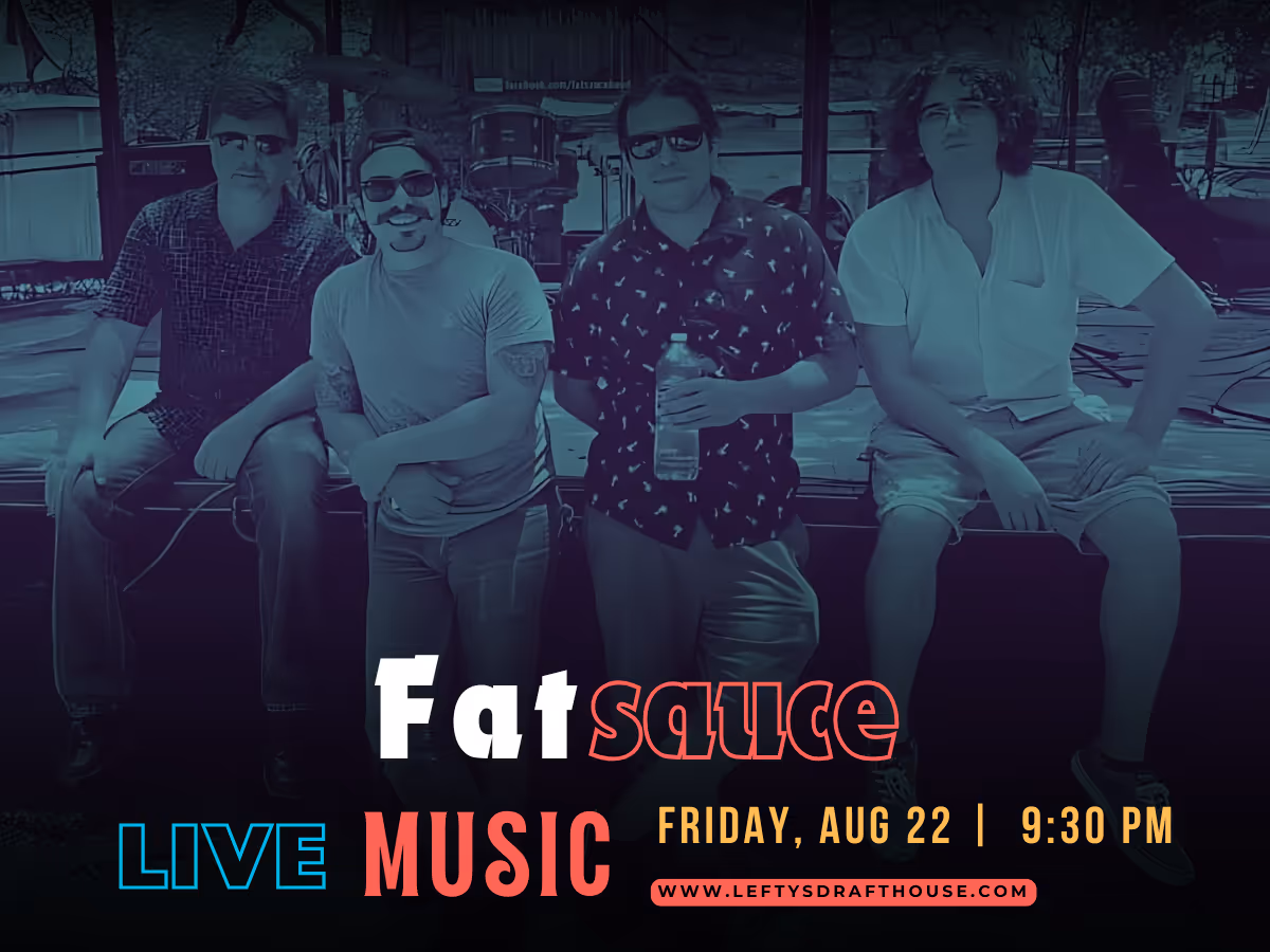 A colorful poster showcasing the band Rustic Avenues performing live with a drummer and guitarist on stage, promoting their performance at Lefty's Draft House on Friday, February 21st at 9:30 PM. Includes event details and website link.