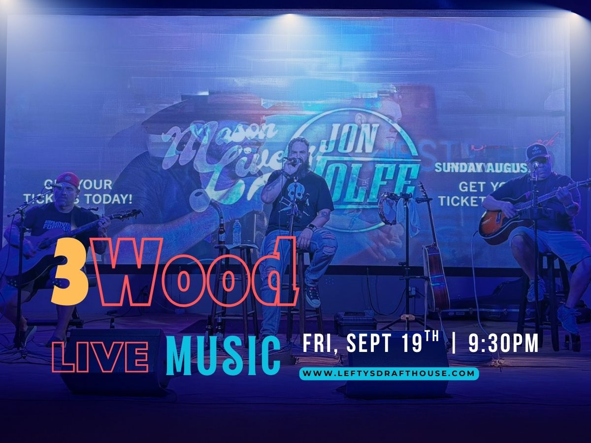 A colorful poster showcasing the band Rustic Avenues performing live with a drummer and guitarist on stage, promoting their performance at Lefty's Draft House on Friday, February 21st at 9:30 PM. Includes event details and website link.