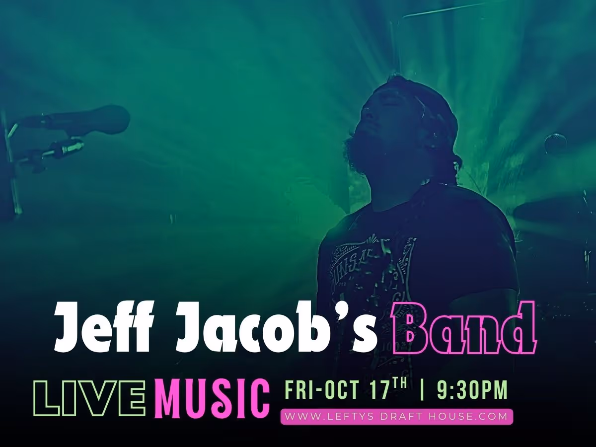 A colorful poster showcasing the band Rustic Avenues performing live with a drummer and guitarist on stage, promoting their performance at Lefty's Draft House on Friday, February 21st at 9:30 PM. Includes event details and website link.