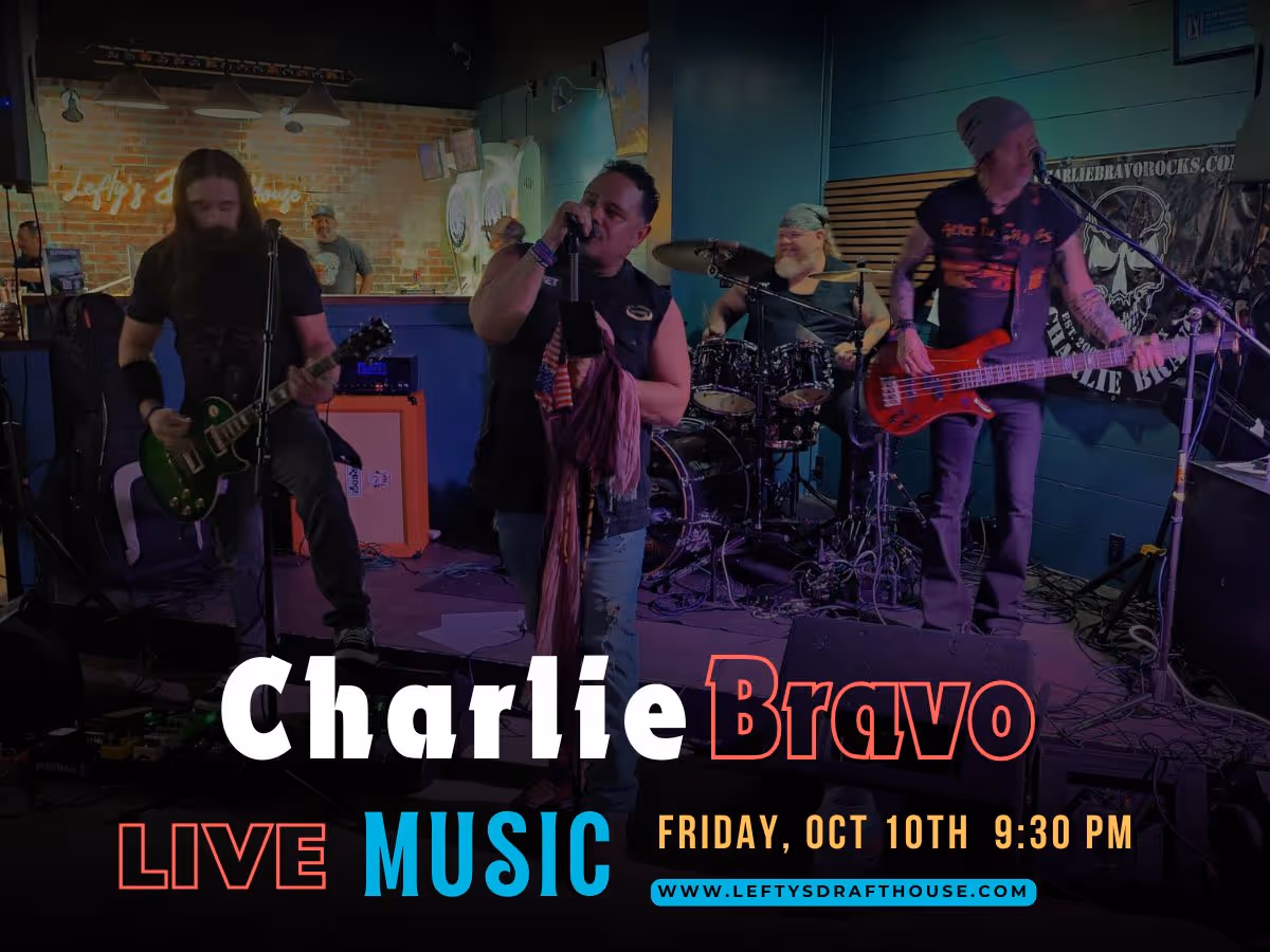 A colorful poster showcasing the band Rustic Avenues performing live with a drummer and guitarist on stage, promoting their performance at Lefty's Draft House on Friday, February 21st at 9:30 PM. Includes event details and website link.