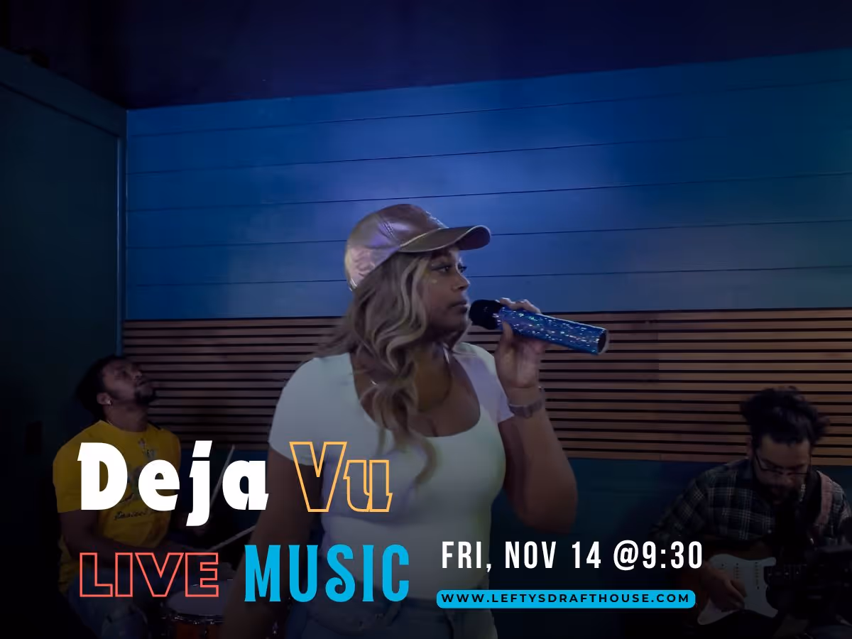 A colorful poster showcasing the band Rustic Avenues performing live with a drummer and guitarist on stage, promoting their performance at Lefty's Draft House on Friday, February 21st at 9:30 PM. Includes event details and website link.