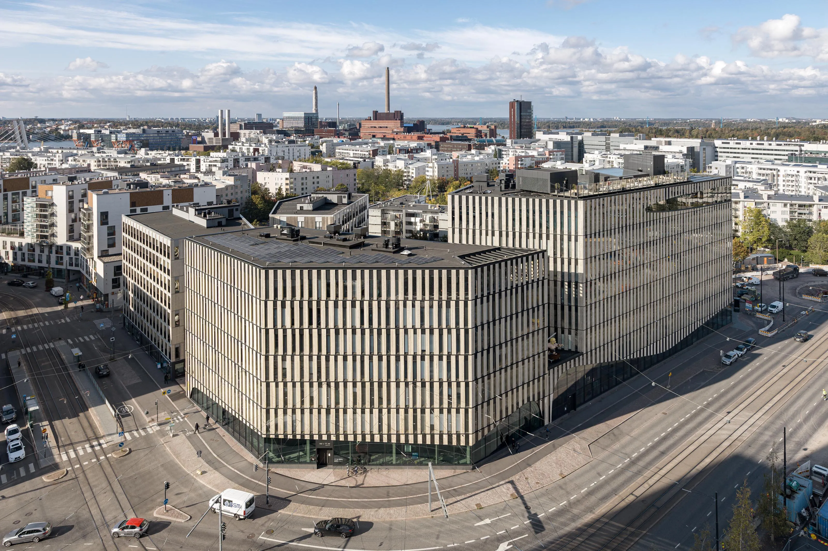 Architekturfotografie in Helsinki vom Projekt Wood City II für Union Investment, Drohnenaufnahme