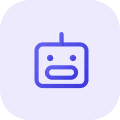 Minimalist purple robot face icon on a rounded square light purple background.