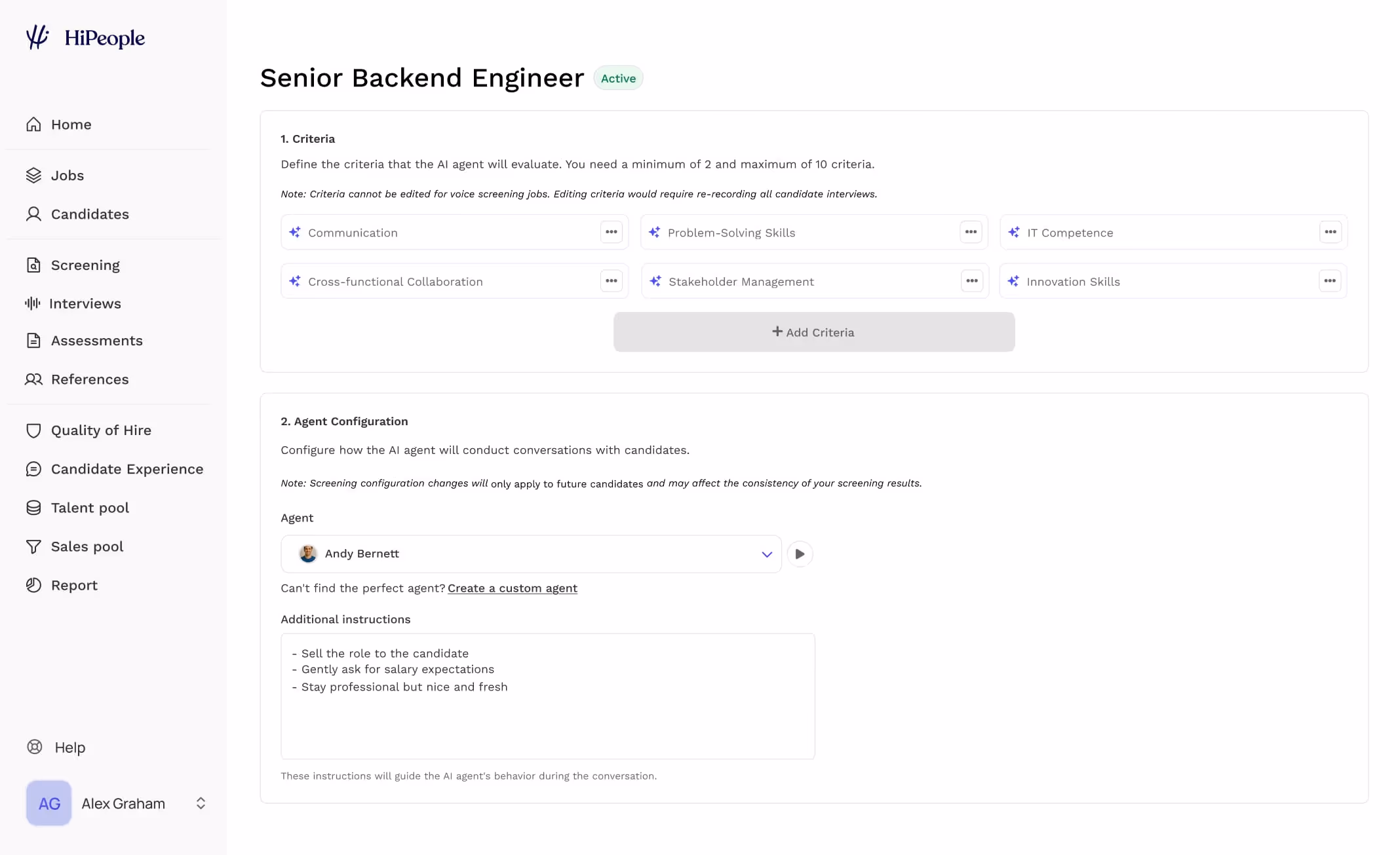 Dashboard interface for Senior Backend Engineer job showing AI screening criteria and agent configuration with options like communication, problem-solving skills, and IT competence.