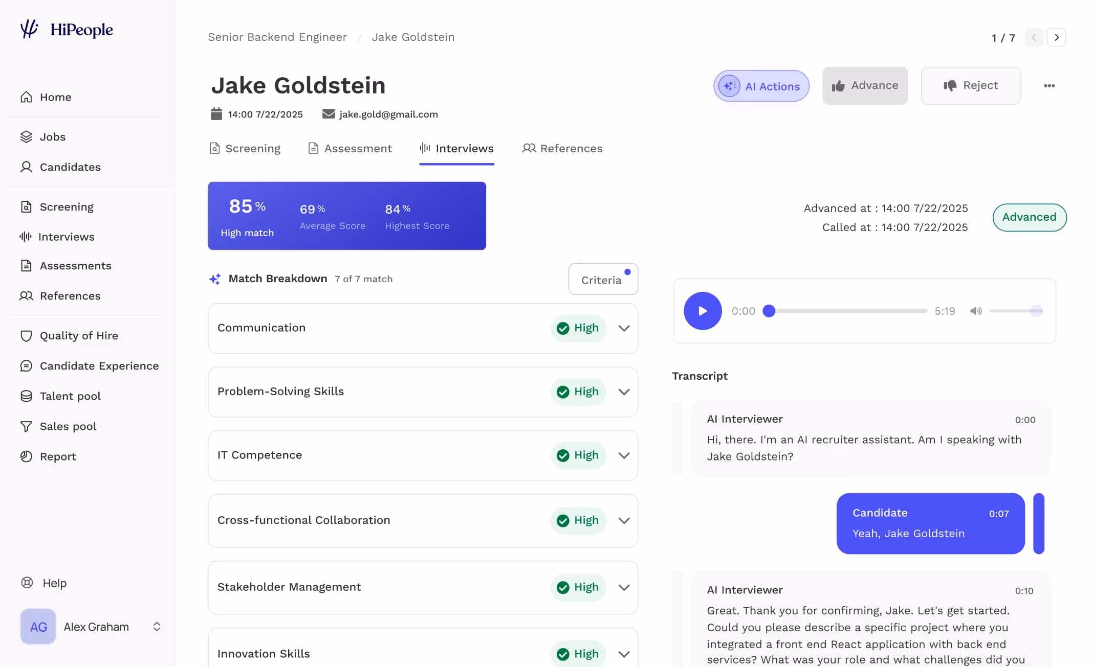 Dashboard showing interview scoring and transcript for candidate Jake Goldstein with high match scores in communication, problem-solving, IT competence, and other skills.