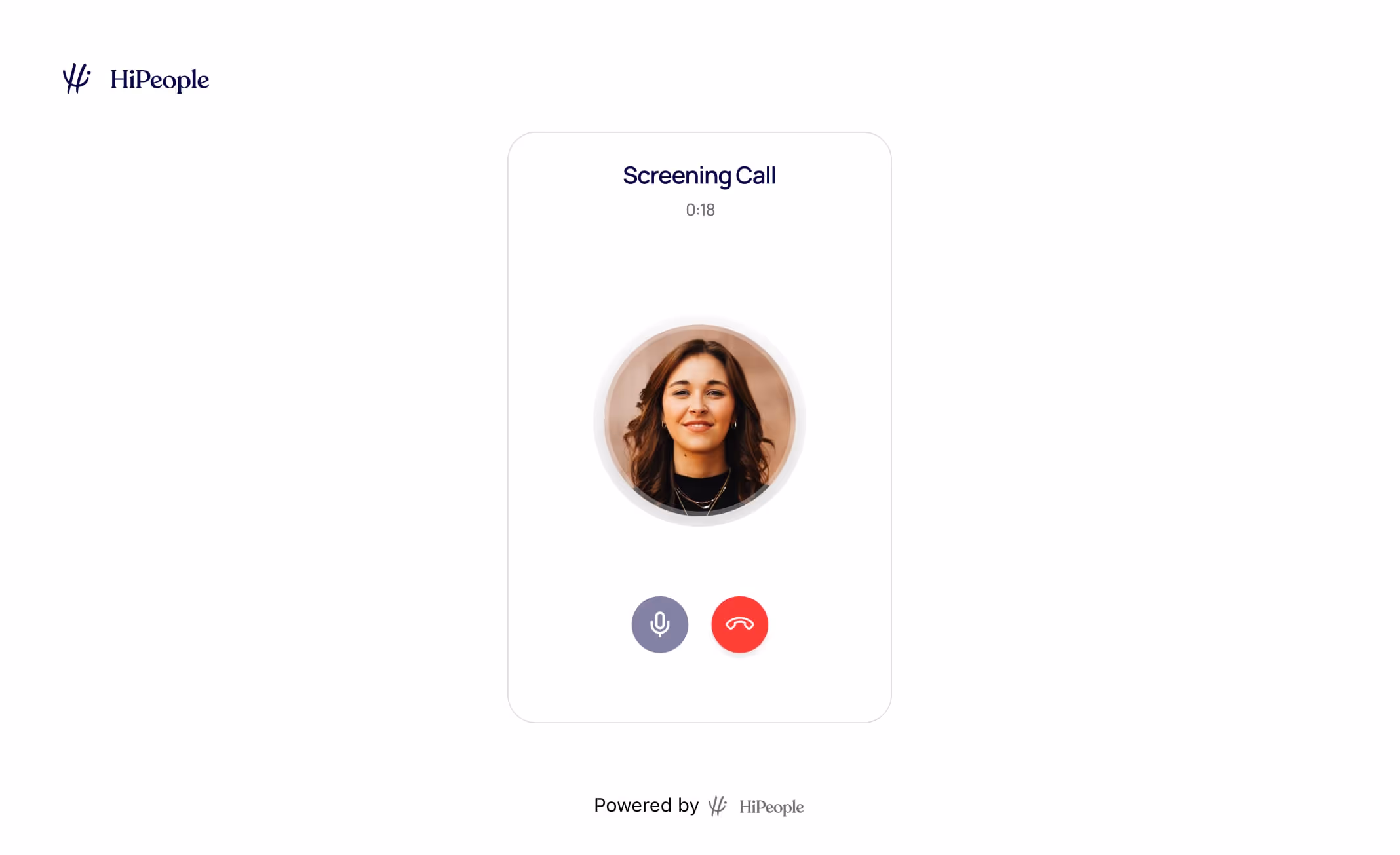 Video call screen displaying a woman with brown hair during a screening call, with microphone and hang-up buttons below.