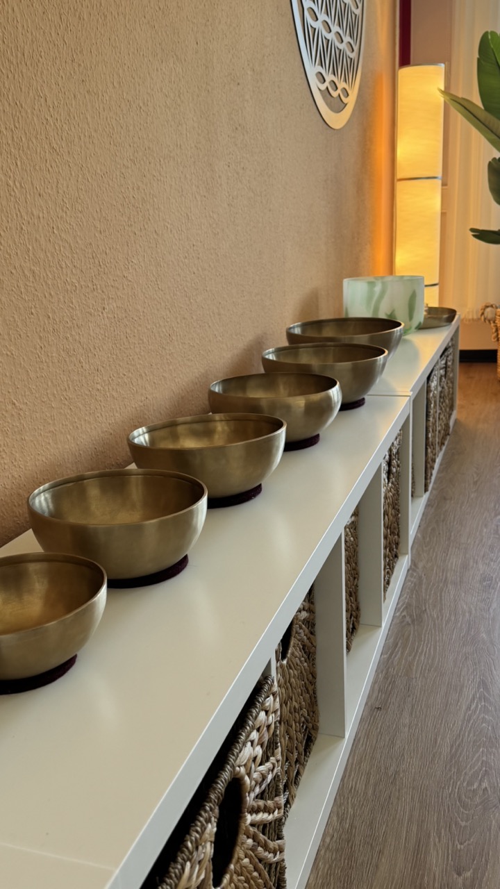 Sechs bronzefarbene Klangschalen in einer Reihe auf einem weißen Regal mit Weidenkörben.