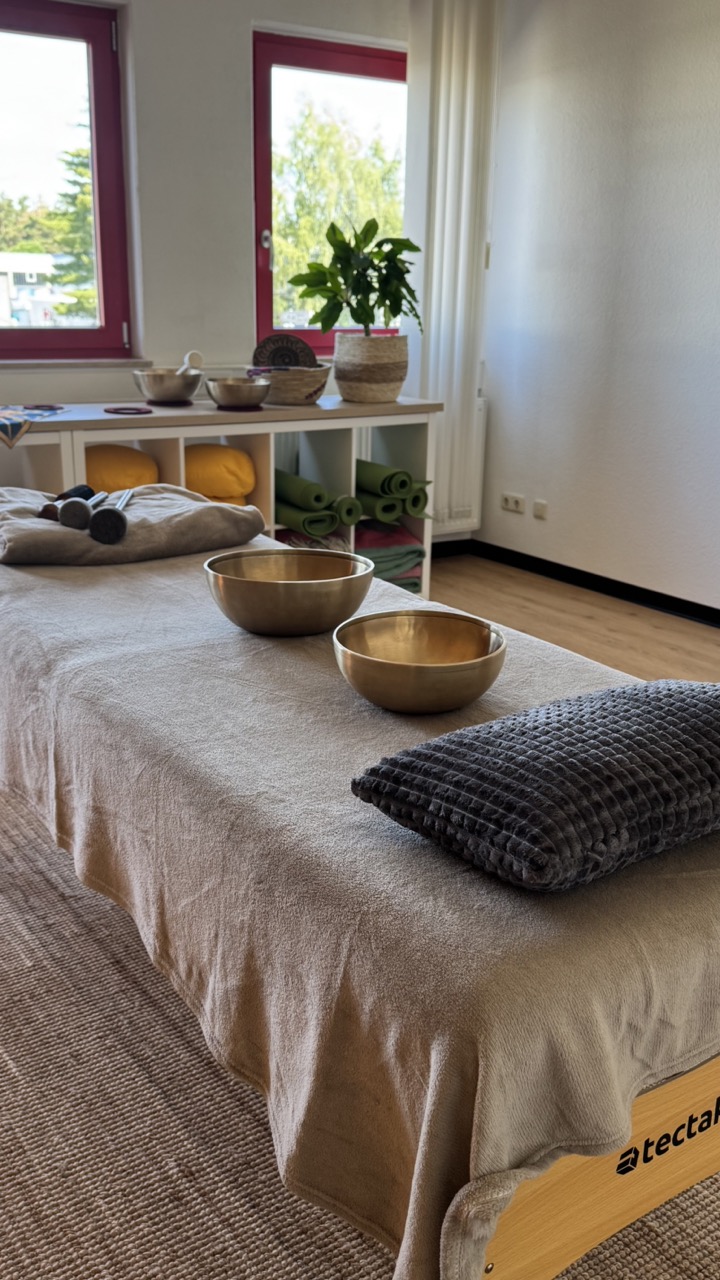 Behandlungszimmer mit Massageliege, Klangschalen, Kissen, Pflanzen und Yoga-Matten am Fenster.