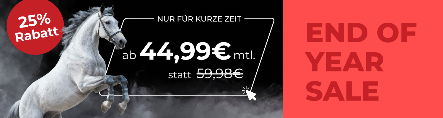 Auf der linken Seite sieht man ein Bild eines galoppierenden Schimmels, eine Ebene weiter vorne eine junge Frau, die auf ihr Handy schaut. Auf der rechten Seite steht: Mehr Anfragen. Schnellere Verkäufe. Jetzt 3 Monate zum halben Preis.