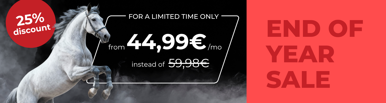 Auf der linken Seite sieht man ein Bild eines galoppierenden Schimmels, eine Ebene weiter vorne eine junge Frau, die auf ihr Handy schaut. Auf der rechten Seite steht: Mehr Anfragen. Schnellere Verkäufe. Jetzt 3 Monate zum halben Preis.