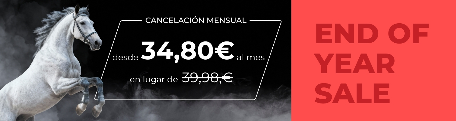 Auf der linken Seite sieht man ein Bild eines galoppierenden Schimmels, eine Ebene weiter vorne eine junge Frau, die auf ihr Handy schaut. Auf der rechten Seite steht: Mehr Anfragen. Schnellere Verkäufe. Jetzt 3 Monate zum halben Preis.