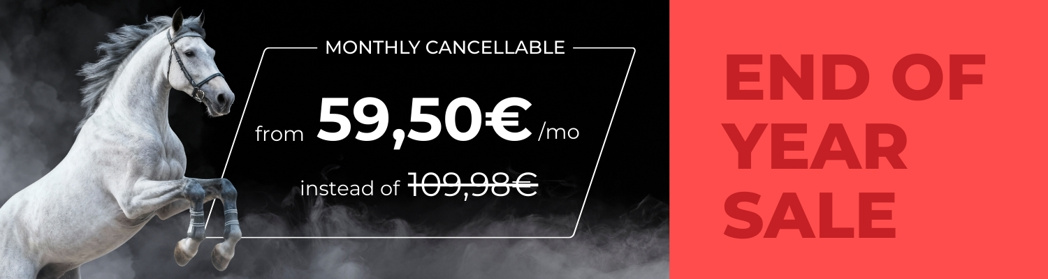 Auf der linken Seite sieht man ein Bild eines galoppierenden Schimmels, eine Ebene weiter vorne eine junge Frau, die auf ihr Handy schaut. Auf der rechten Seite steht: Mehr Anfragen. Schnellere Verkäufe. Jetzt 3 Monate zum halben Preis.