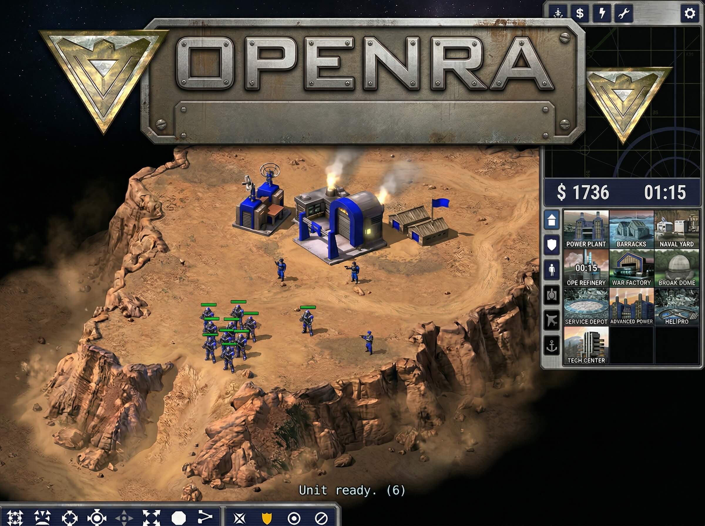 OpenRA running in the browser — a Red Alert base with the sidebar visible, compiled to WebAssembly