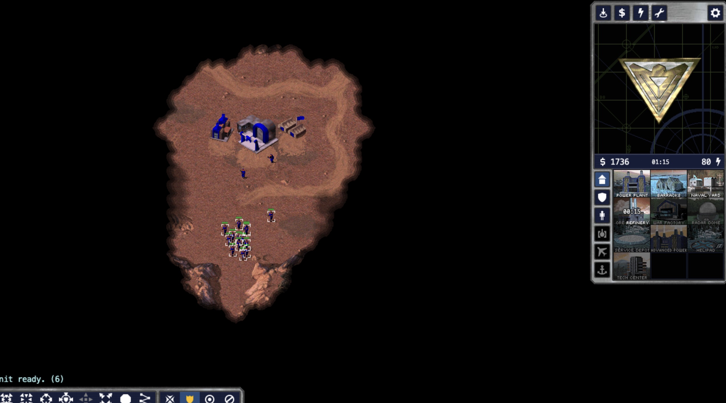OpenRA running in the browser — a Red Alert base with the sidebar visible, compiled to WebAssembly