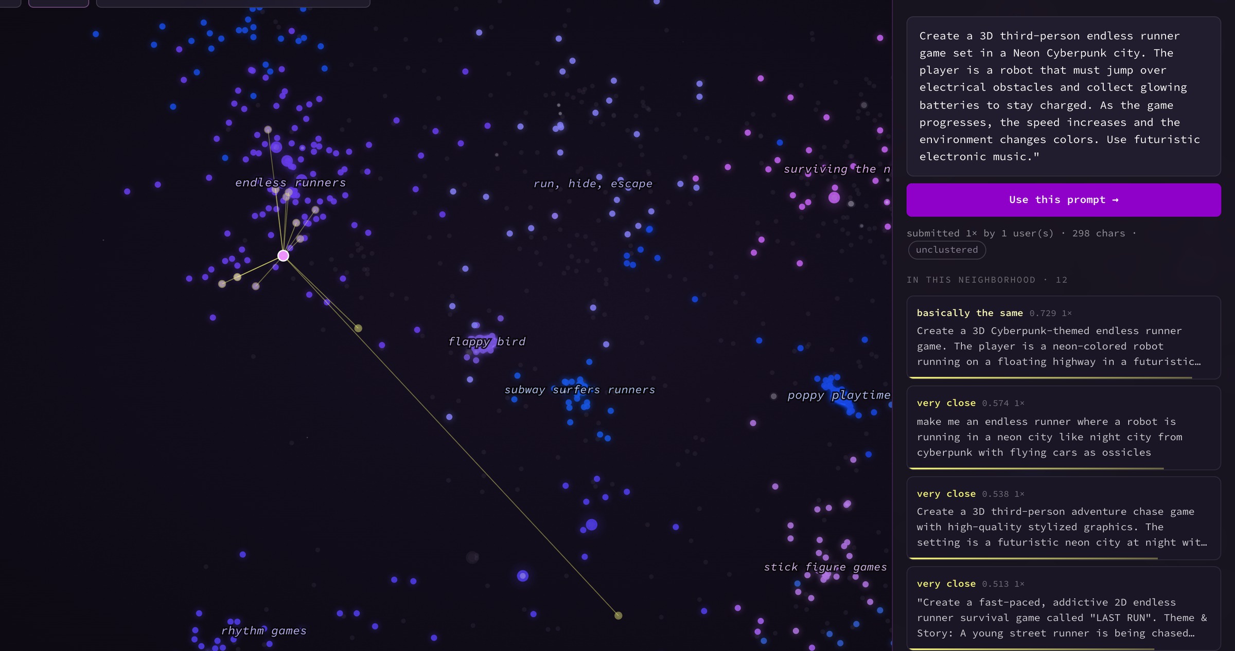 A selected star linked to its nearby neighbors, with the panel showing each match's similarity in words and in numbers