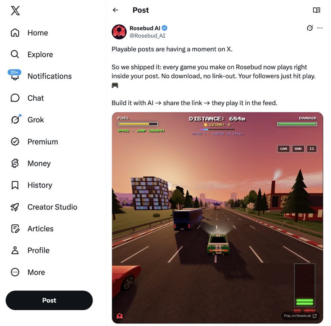 Rosebud AI post on X with a 3D racing game playing inside the post