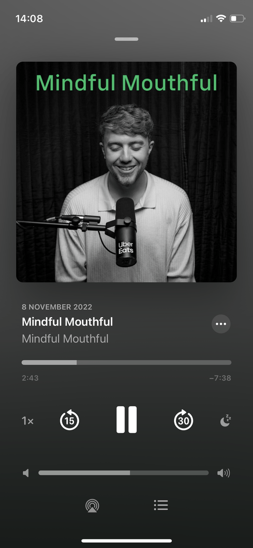 A screenshot of Spotify, playing Mindful Mouthful - a podcast produced by The Romans and New Strange