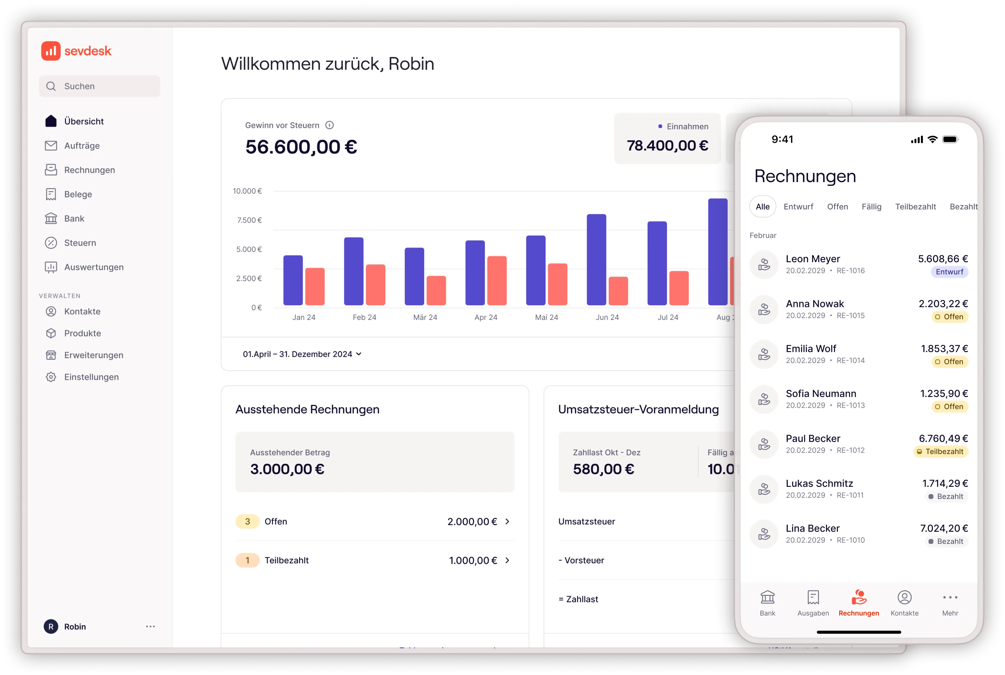 sevdesk Dashboard und Übersicht in Desktop und mobile mit Auswertungen
