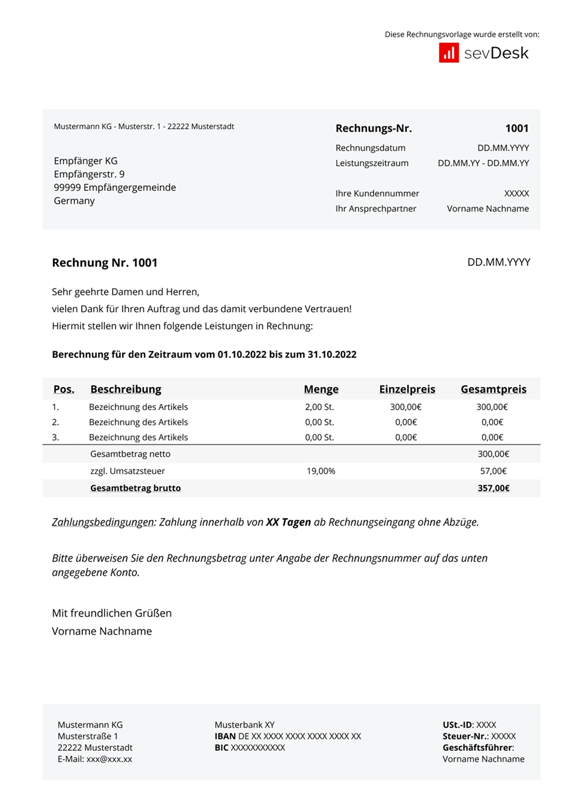 Rechnungsvorlage von sevdesk als Muster zum Herunterladen
