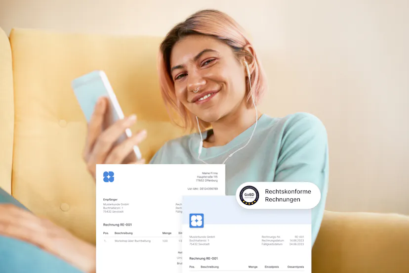 Frau bearbeitet Rechnungen am Smartphone inklusive Rechnungsdesigns