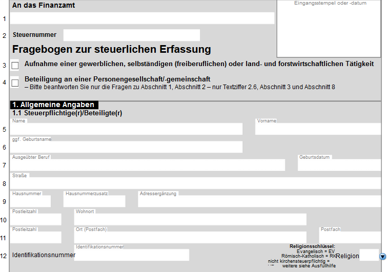 Fragebogen zur steuerlichen Erfassung