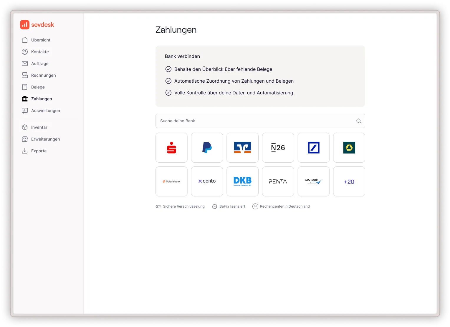 Online Banking in sevdesk anbinden mit Bankenauswahl desktop