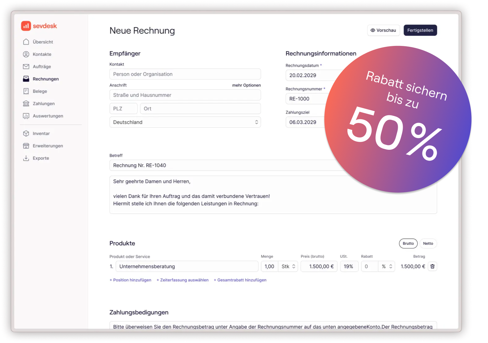 Rechnungen schreiben in der Desktop Rechnungsmaske von sevdesk