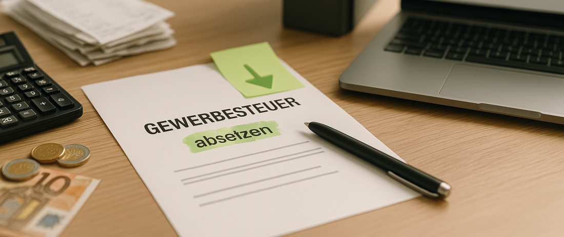 Schreibtisch mit Gewerbesteuer-Dokument: daneben Taschenrechner, Belege, Euro-Geld, Buchhaltungsordner und Laptop.