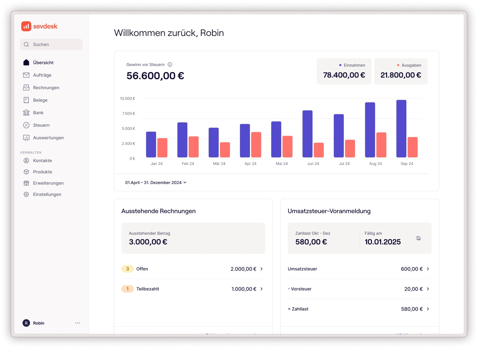 sevdesk Dashboard und Übersicht in Desktop mit Auswertungen