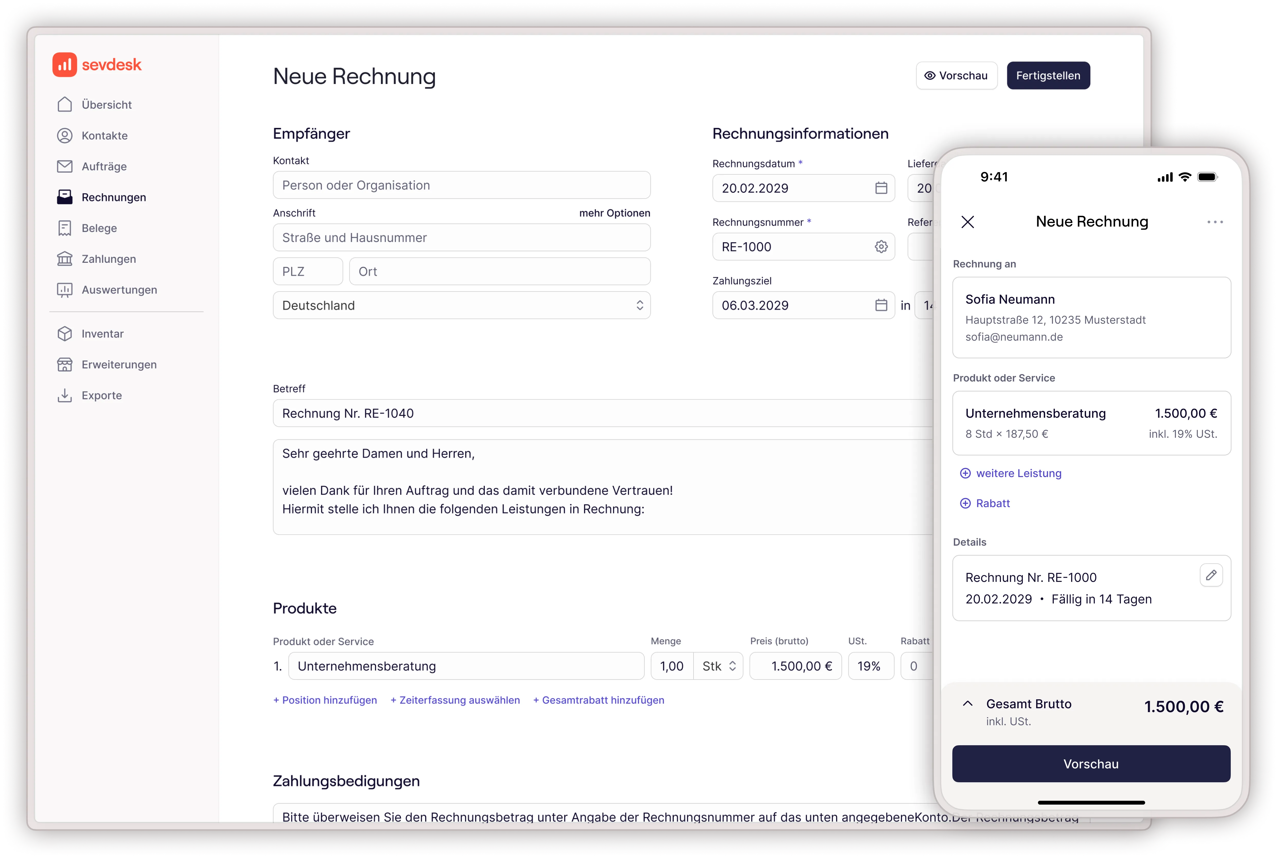 Rechnungen schreiben in der Desktop und mobile Rechnungsmaske von sevdesk