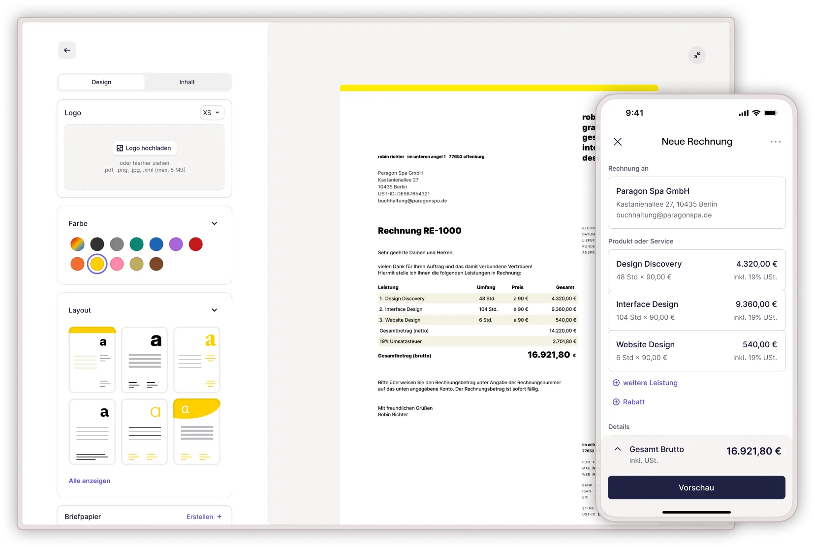 Rechnungen gestalten in der Desktop und Mobile Rechnungsmaske von sevdesk