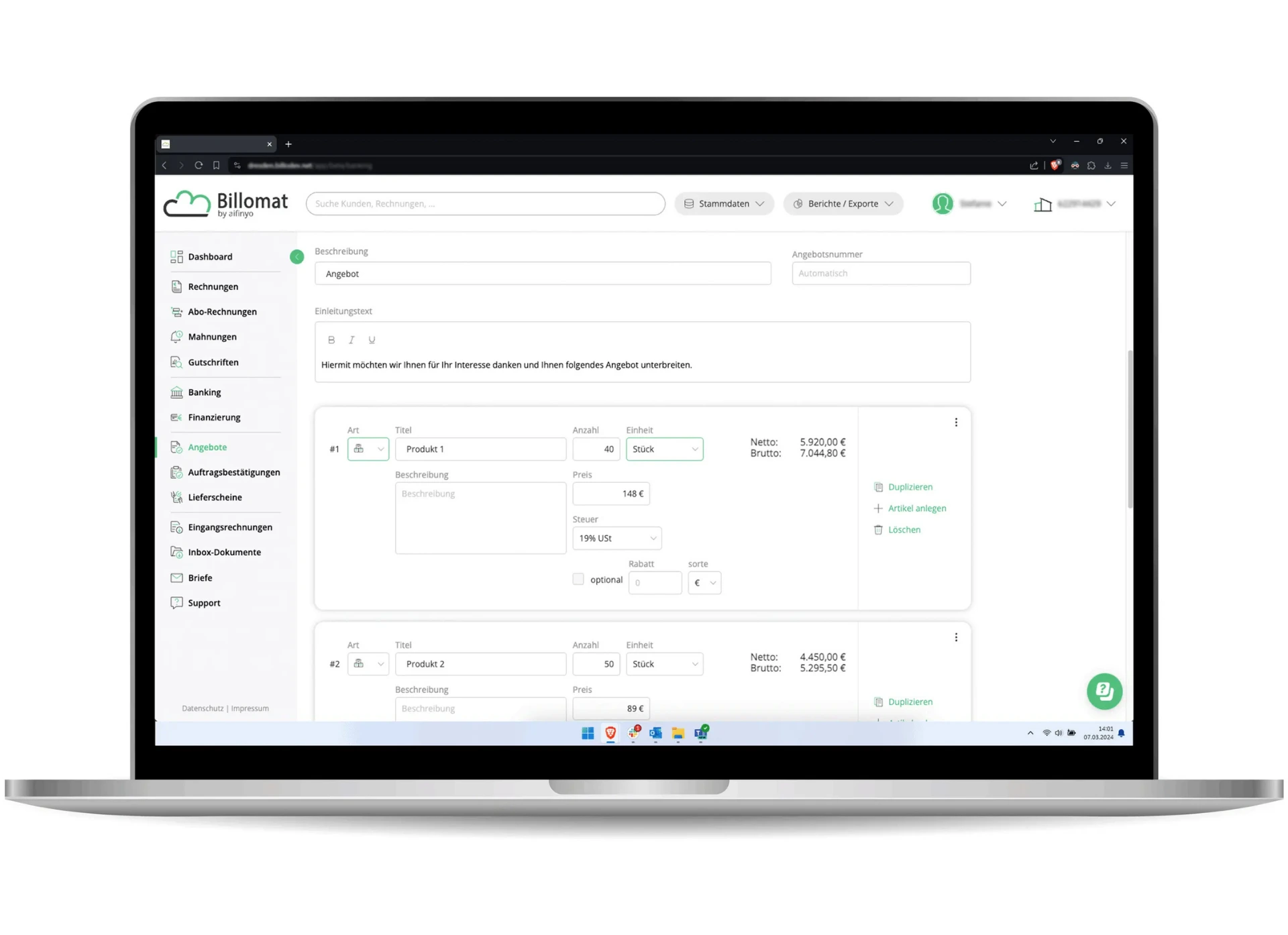 BIllomat Dashboard im Vergleich zur Alternative sevdesk