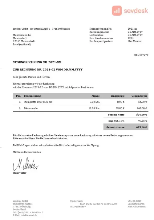 Muster bzw. Vorlage für eine Stornorechnung von sevdesk zum kostenlosen Download