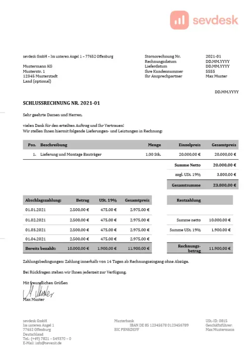 Schlussrechnung Muster von sevdesk zum kostenlosen Download für Word und Excel