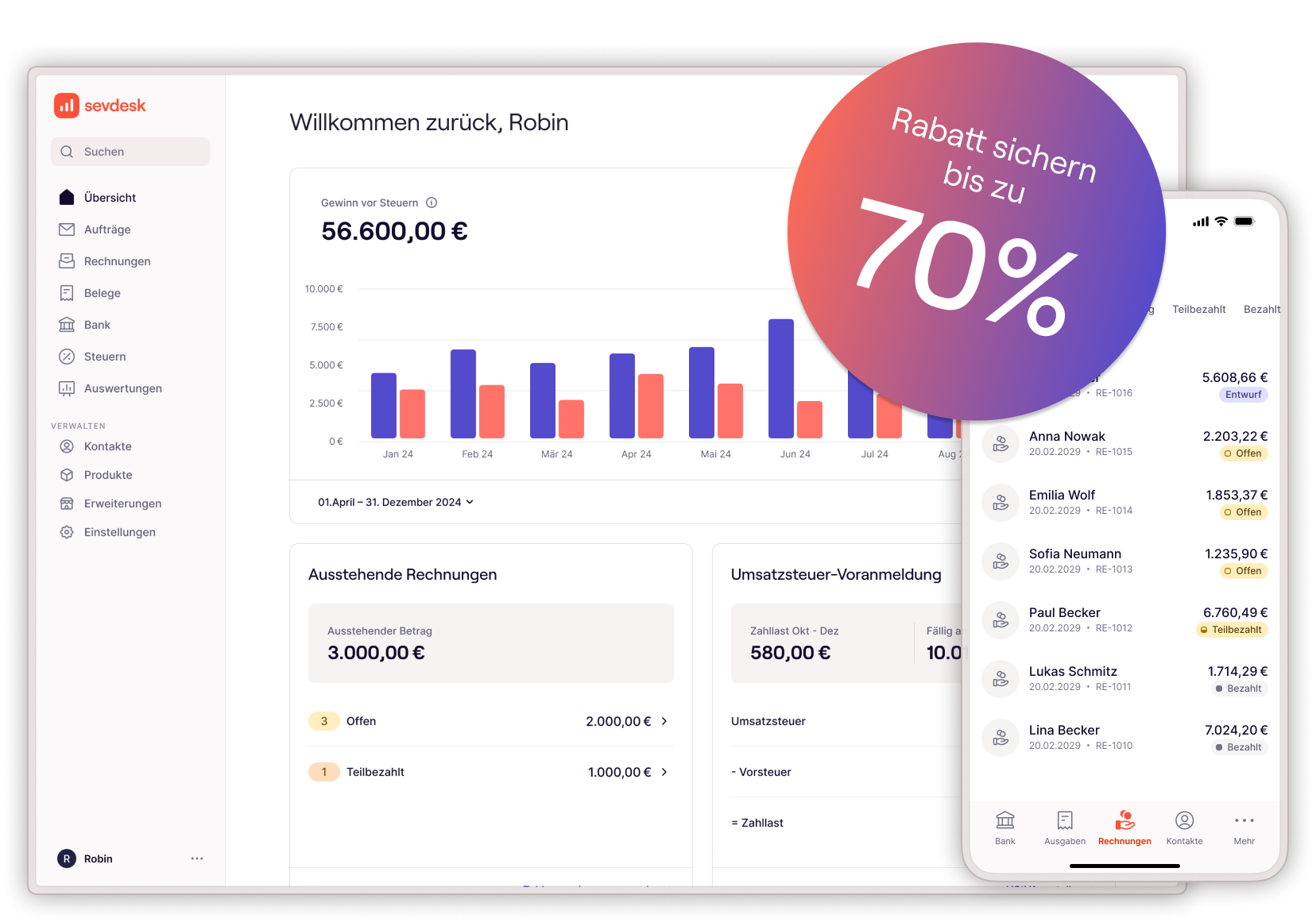sevdesk Dashboard und Übersicht in Desktop und mobile mit Auswertungen