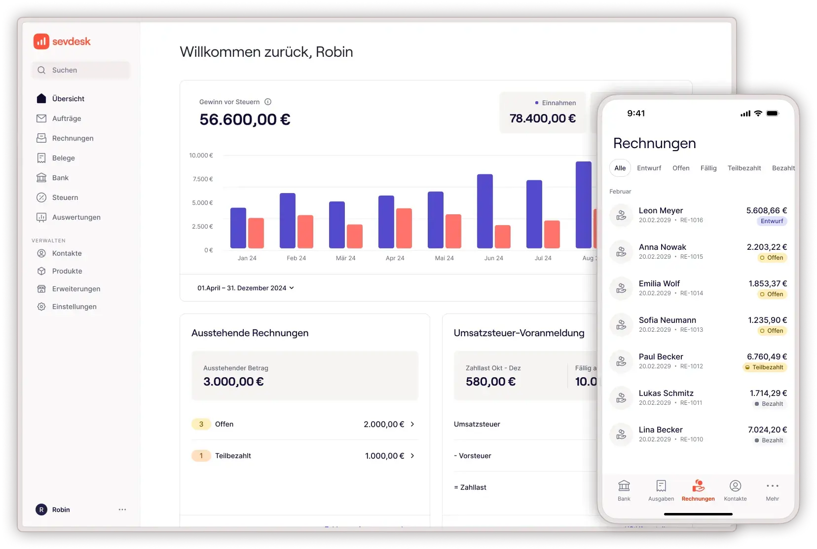 sevdesk Dashboard und Übersicht in Desktop und mobile mit Auswertungen