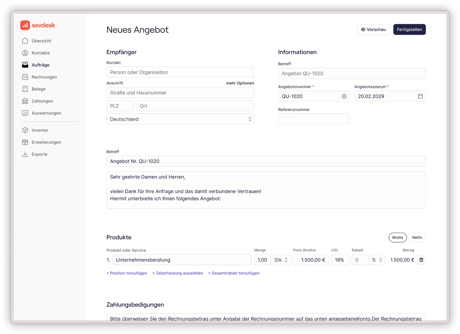 Angebote und Aufträge schreiben in der Desktop Angebotssmaske von sevdesk 